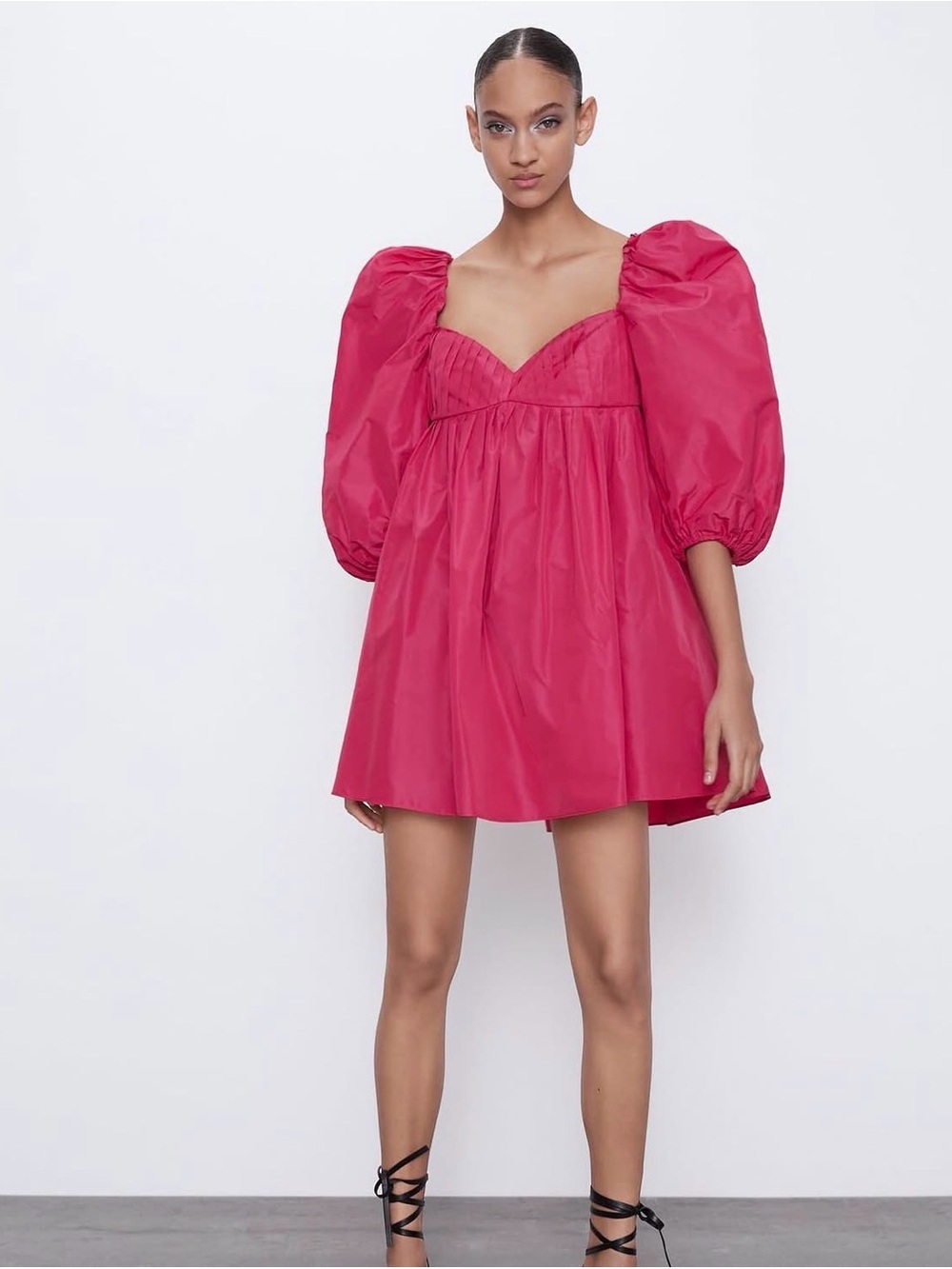 Oversized Pink Fuschia Zara Taffeta babydoll dress with puffy sleeves Size Large